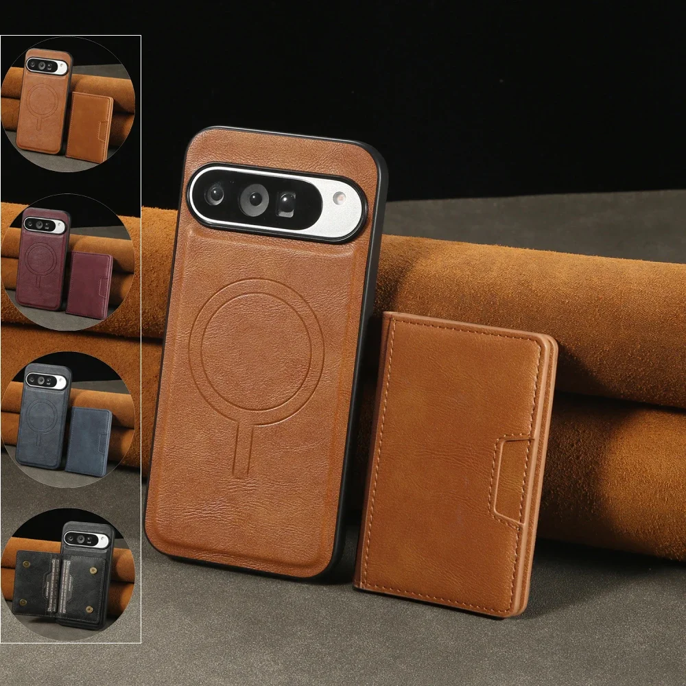 Magnetic Solid Color Leather Phone Cover For Google Pixel 9 Pro XL/Pixel 8 Pro/Pixel 8A With Detachable Flip Card Case