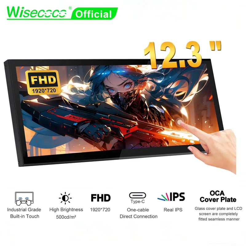 12.3 Inch 1920x720 Touch Portable Monitor Stretched Bar Screen Gaming Monitors for Raspberry Pi 5/4 Laptop Phone Vehicle PS5