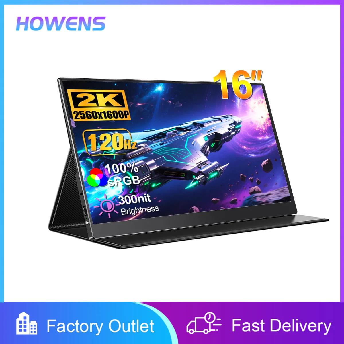16-inch 2K Portable Monitor 2560×1600 120Hz 100% sRGB HDR HDMI USB-C Travel External Gaming Display for Switch PS4 PS5 Laptop