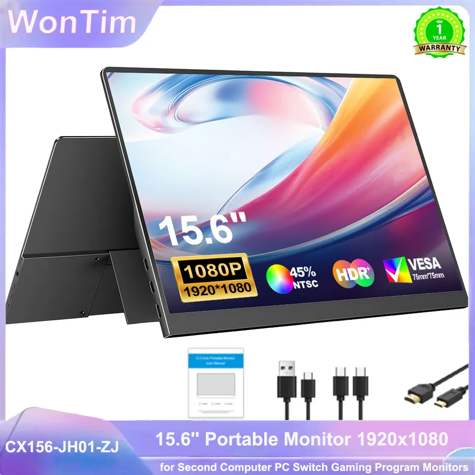 WonTim 15.6“ LCD Monitor Portable Ultrathin 1080P IPS FHD USB Type C Dispaly For Laptop Phone XBOX Switch PS5 Gaming Screen