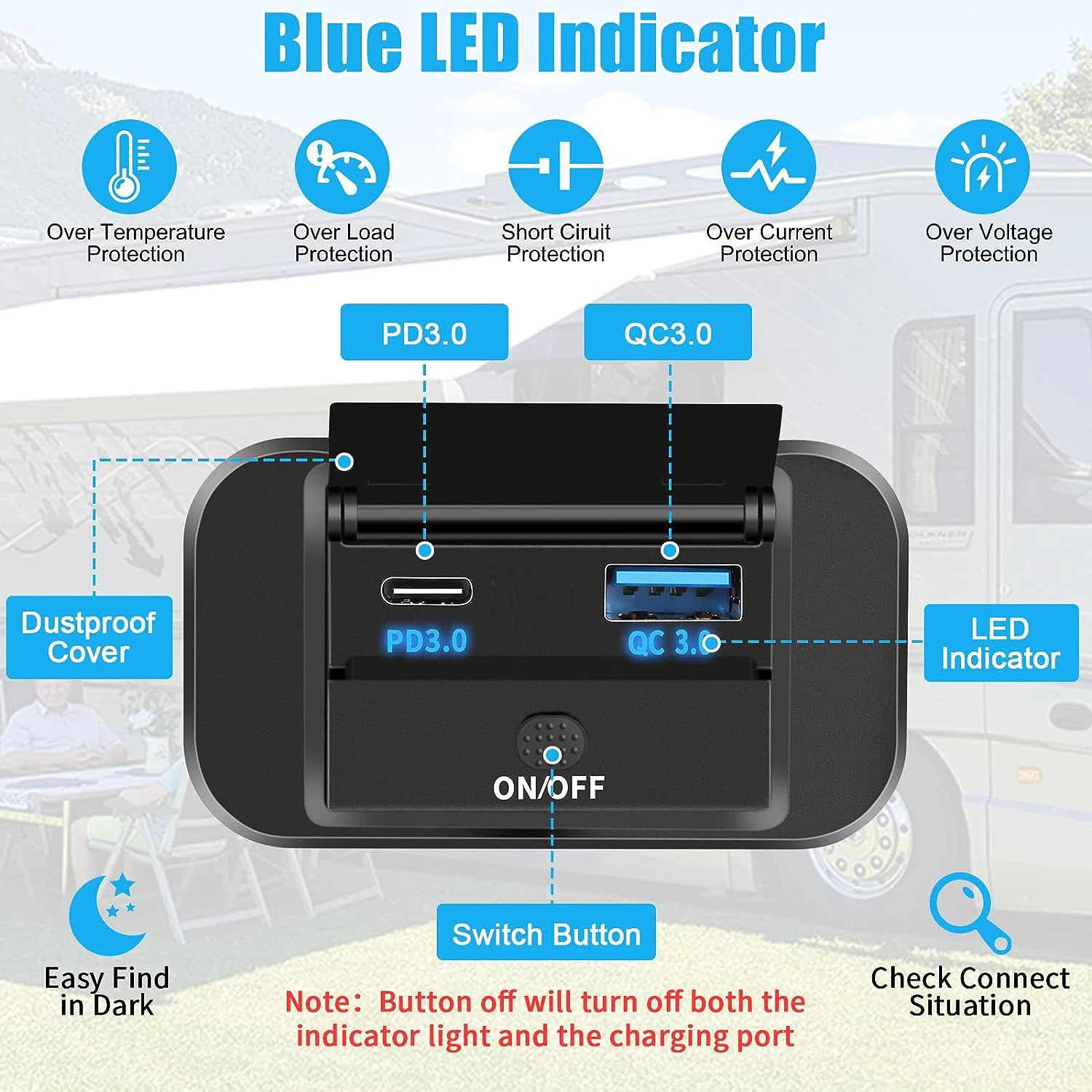 KEBIDUMEI 12V/24V Car Charger QC3.0 PD3.0 Outlet USB Type-C Fast Charging Socket Panel Power Adapter For RV Bus Car Accessories