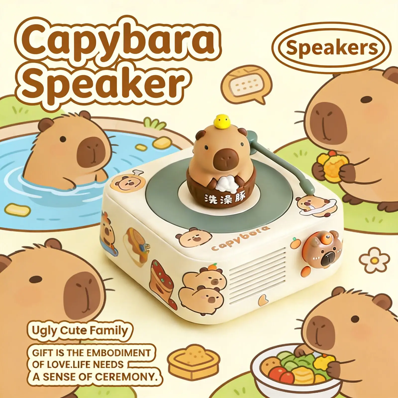 Portable Kawaii Capybara Bluetooth Speaker 360° Surround Audio TF AUX Type-C DIY Stickers Lovely Home Decor Present For Teens