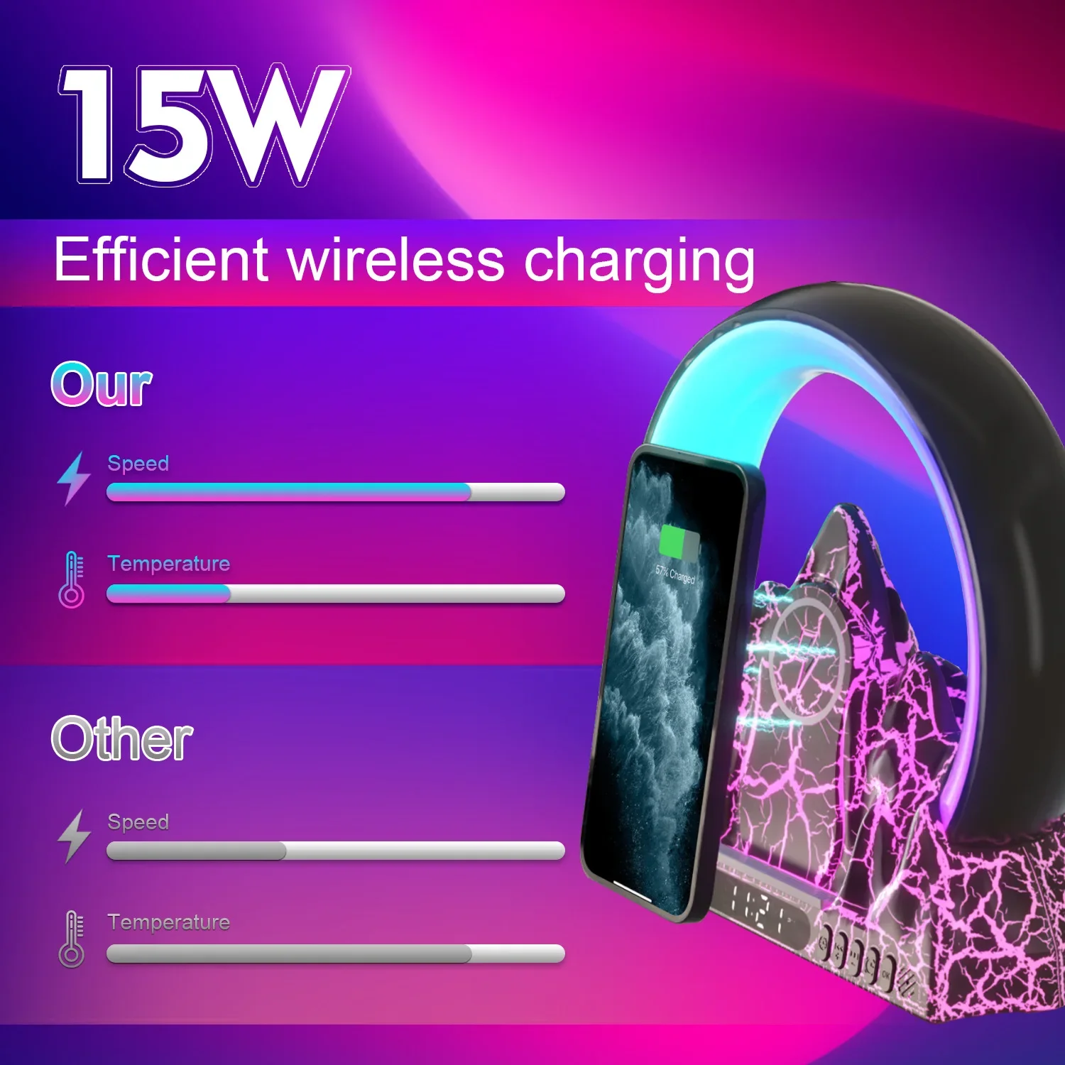 New Multifunctional Volcanic Crack Effects Home Decor App Control RGB BT Speaker 15W Wireless Charger for 15