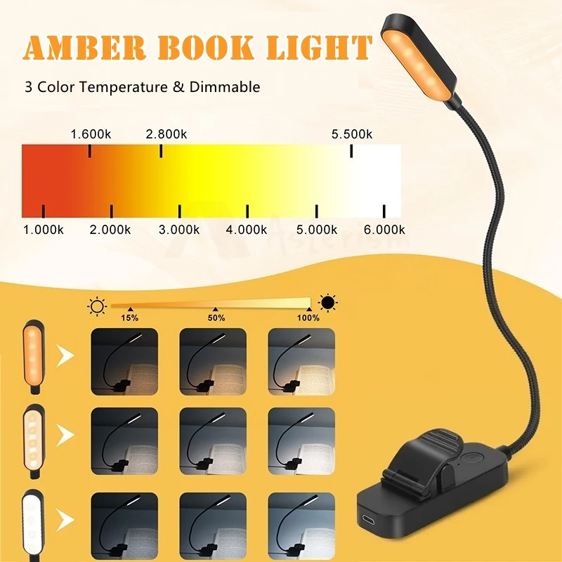 Amber Book Light Mini USB Led Rechargeable Flexible Night Light Clip-On Desk Lamp Light Reading Lamp for Travel Bedroom Book