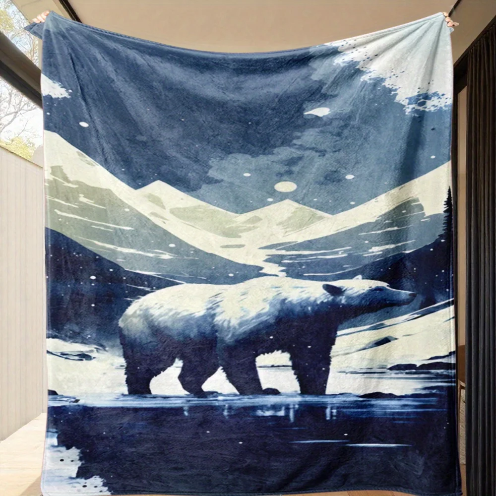 1pc Arctic Bear & Snowy Mountain Landscape Fleece Throw Blanket – Plush, Large Arctic-Themed Decor for Home, Sofa, Car, and Offi