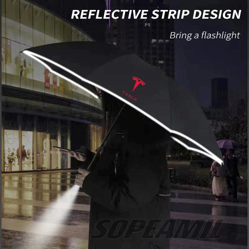 Car Led Light Automatic Folding Windproof Sunshade Umbrella For Tesla Cybertruck Beast Roadster Model 3 Model Y Model S Model X