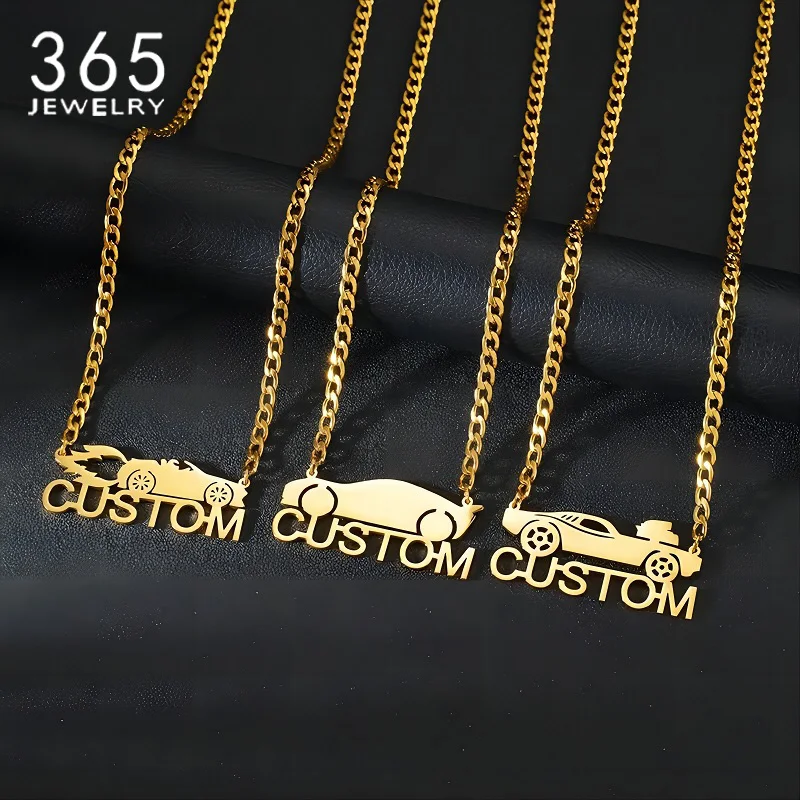 365 Stainless Steel Custom Name Necklace Personalized Racing Style Customized Thick Chain Car Necklaces For Boy Men Jewelry Gift