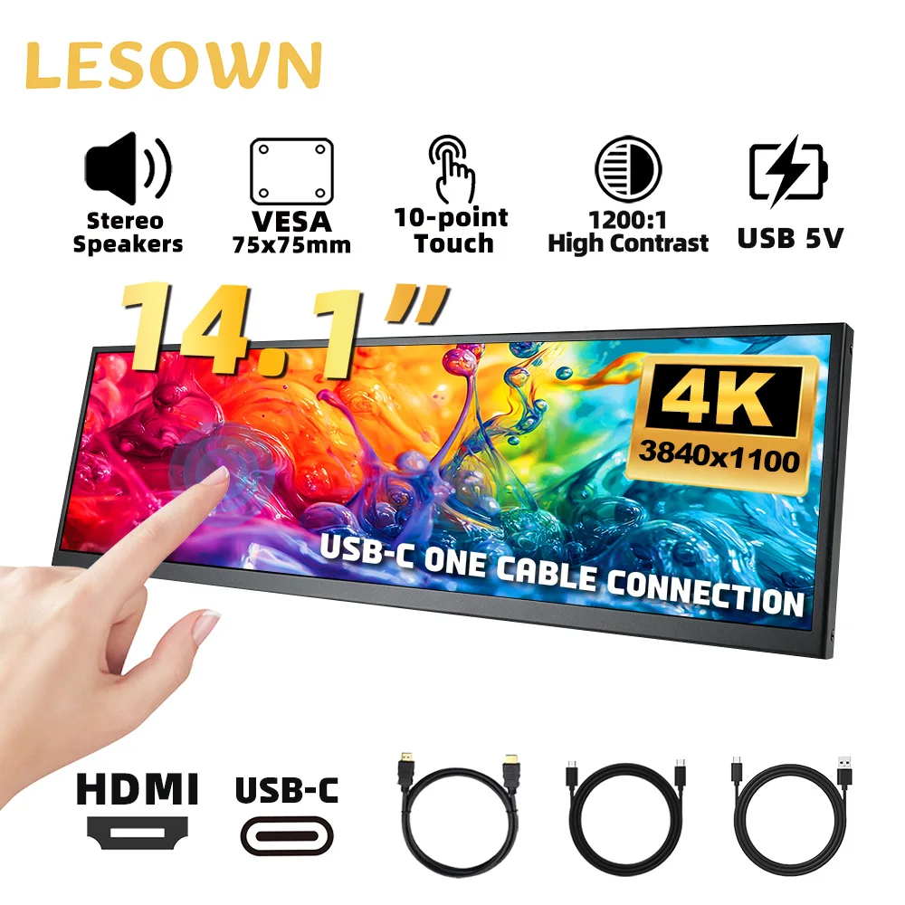 LESOWN PC Case Monitor 14.1inch Ultra-Wide Stretched Bar Monitor 3840x1100 IPS LCD Portable Display for Laptop PC Gaming Work