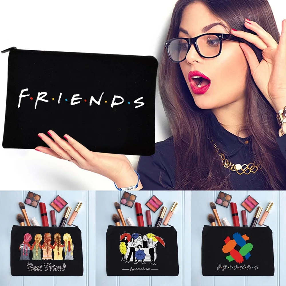 Female Makeup Bag Portable Women's Cosmetic Bag Friends' Pattern Handbags Black Pencil Cases for Office Coin Purse