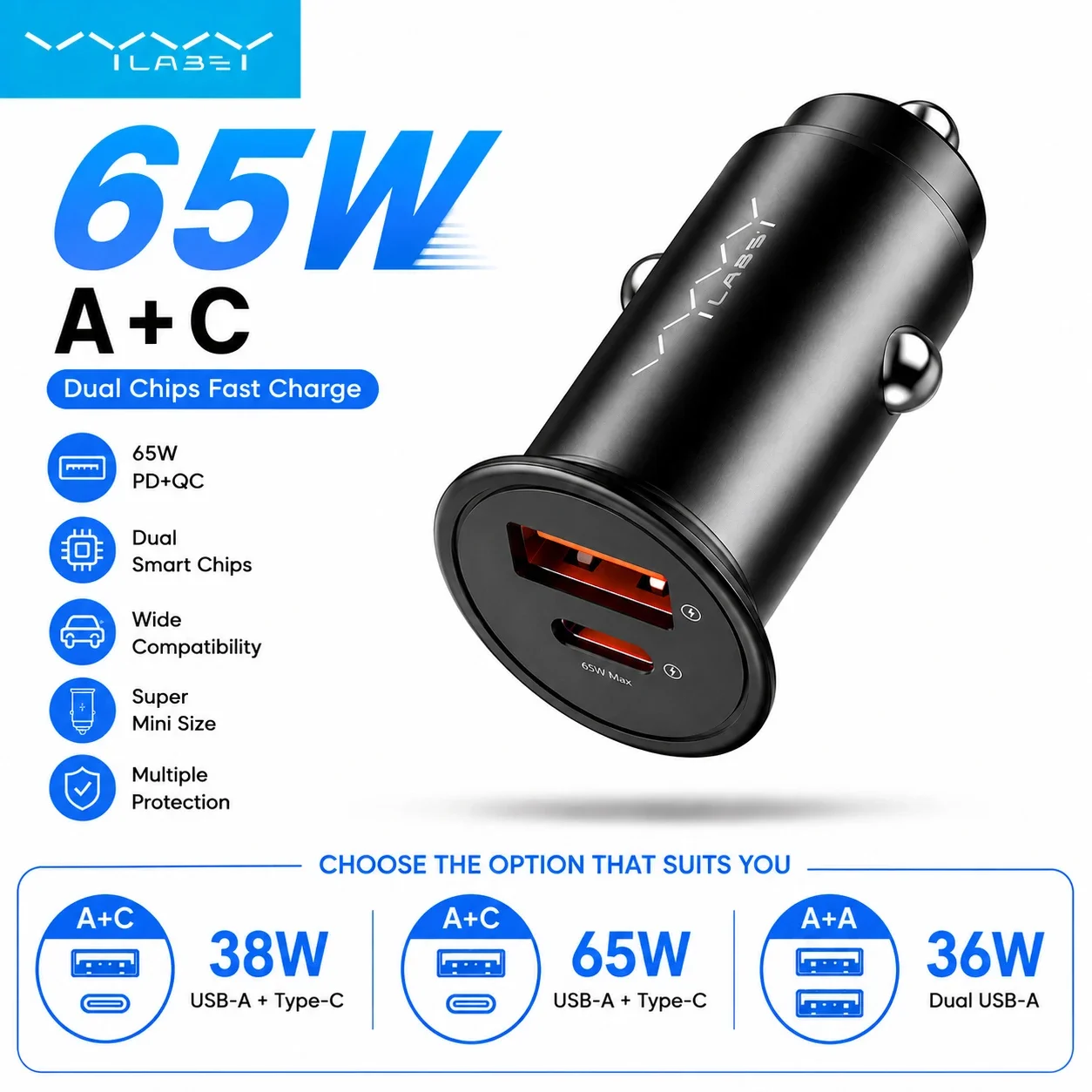 VYVYLABS 36W/38W/65W Car Charger USB Type-C PD QC FCP AFC For iPhone 17 16 15 Samsung S24 S25 Xiaomi Huawei Tablet Fast Charging