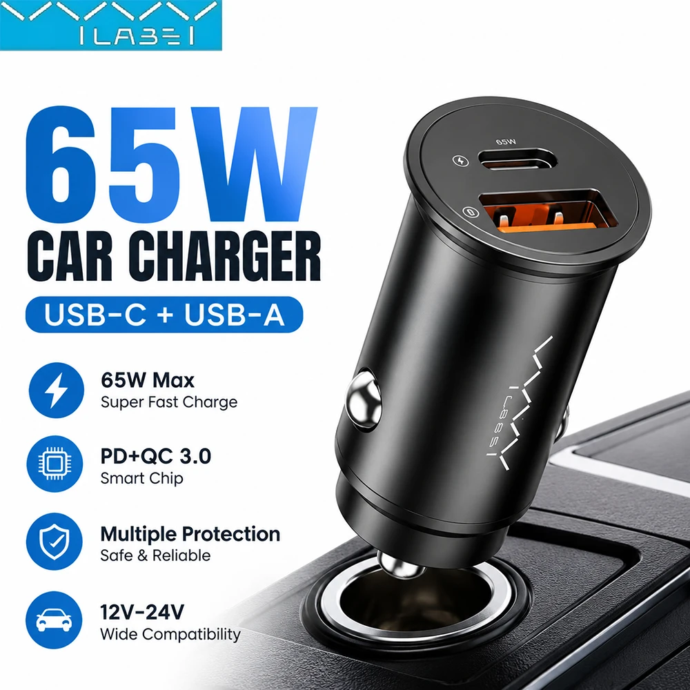 Vyvylabs 65W Car Charger USB-C USB-A Fast Charging Adapter PD QC 3.0 Dual Port Power Supply 12V-24V Compatible for Phone Tablet