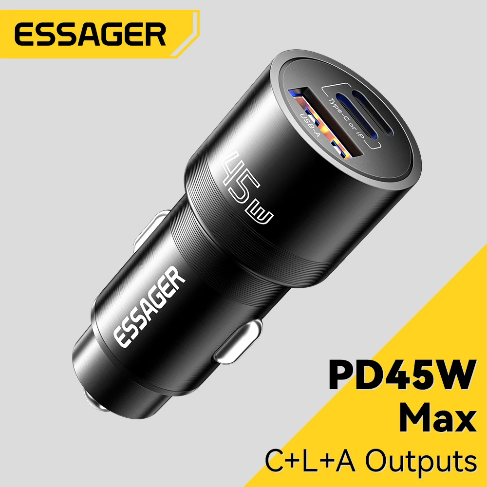 Essager Car Charger 3 Ports 45W USB Type C Fast Charging Phone Quick Charge for IPhone 15 14 Huawei Xiaomi Samsung Laptop Tablet