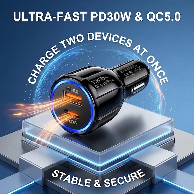 Dual Port Fast Car Charger 30W PD QC 5.0 USB C Adapter Stable Metal Contacts Blue LED Light For Smart Phones Tablets For iPhone