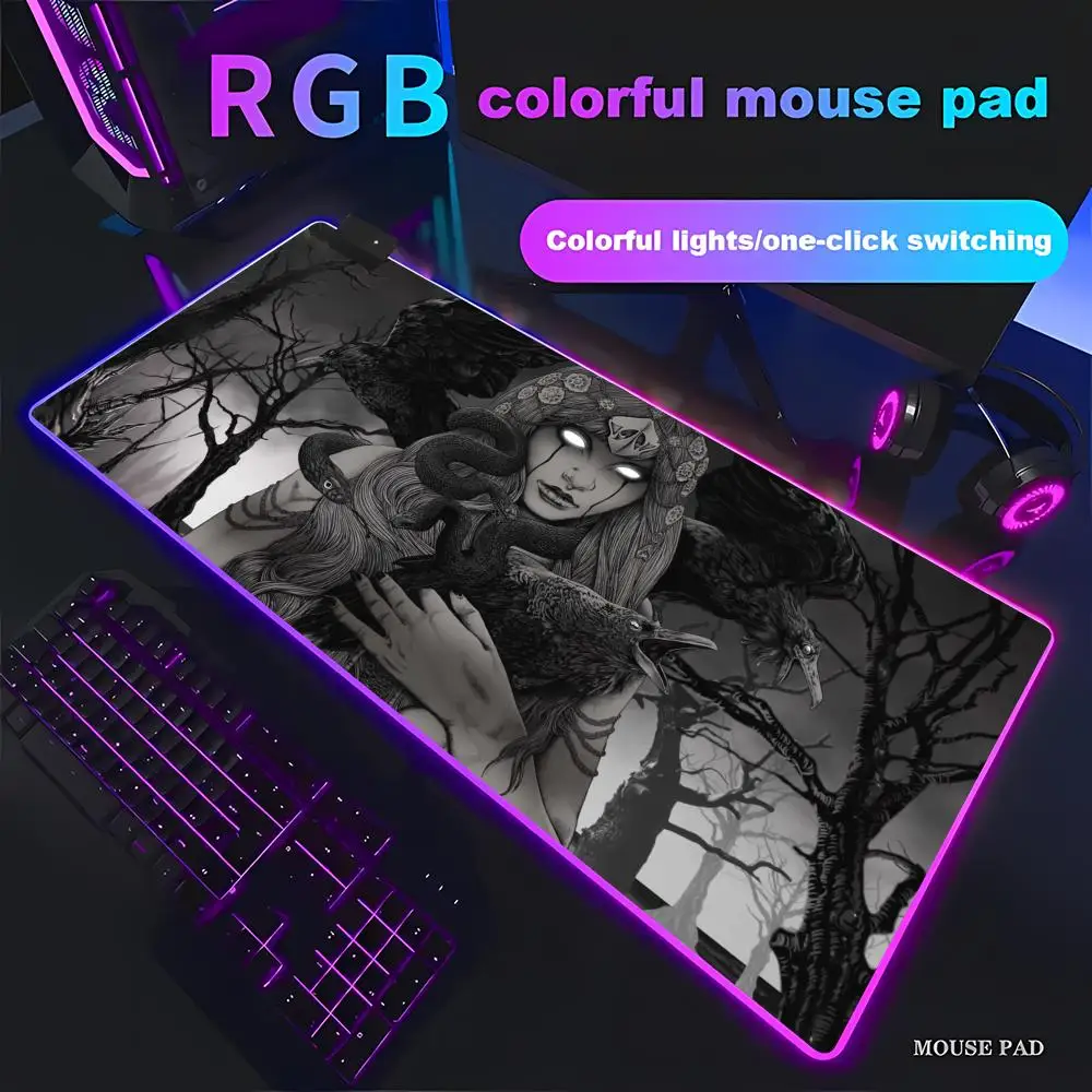 HYBXAXC Gothic Biomechanical Portrait Mouse Pad Detailed Black White Line Mousepad,RGB Mouse Pad Gamer LED Light Home Office