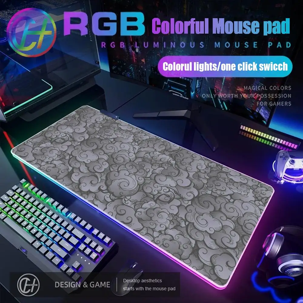 Japanese Clouds RGB Mouse Pad Kawaii Black Desk Mat With LED Light Office Carpet Large Gaming Non-Slip Rubber Mousepad