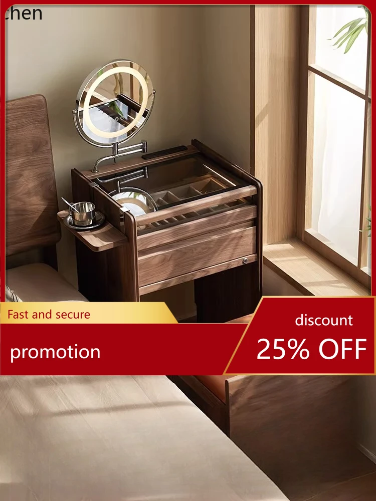 CZ Pusu Wooden Solid Wood Dressing Table Integrated Small Mini Black Walnut Small Apartment Bedside Storage Cabinet Makeup Table