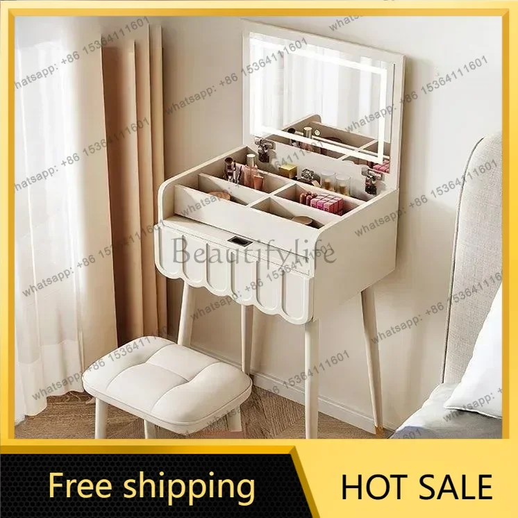 LDDressing Table Vanity Desk LED Mirror and Storage Chair White Vanity for Bedroom Compact Mini Makeup Vanity Furniture