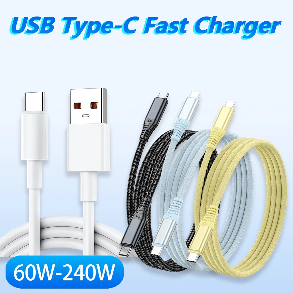 PD 60W 240W Fast Charger 5A USB A  to Type C Cable For Apple iPhone 17 16 15 Huawei Samsung Xiaomi Quick Charging  Data 1M 2M