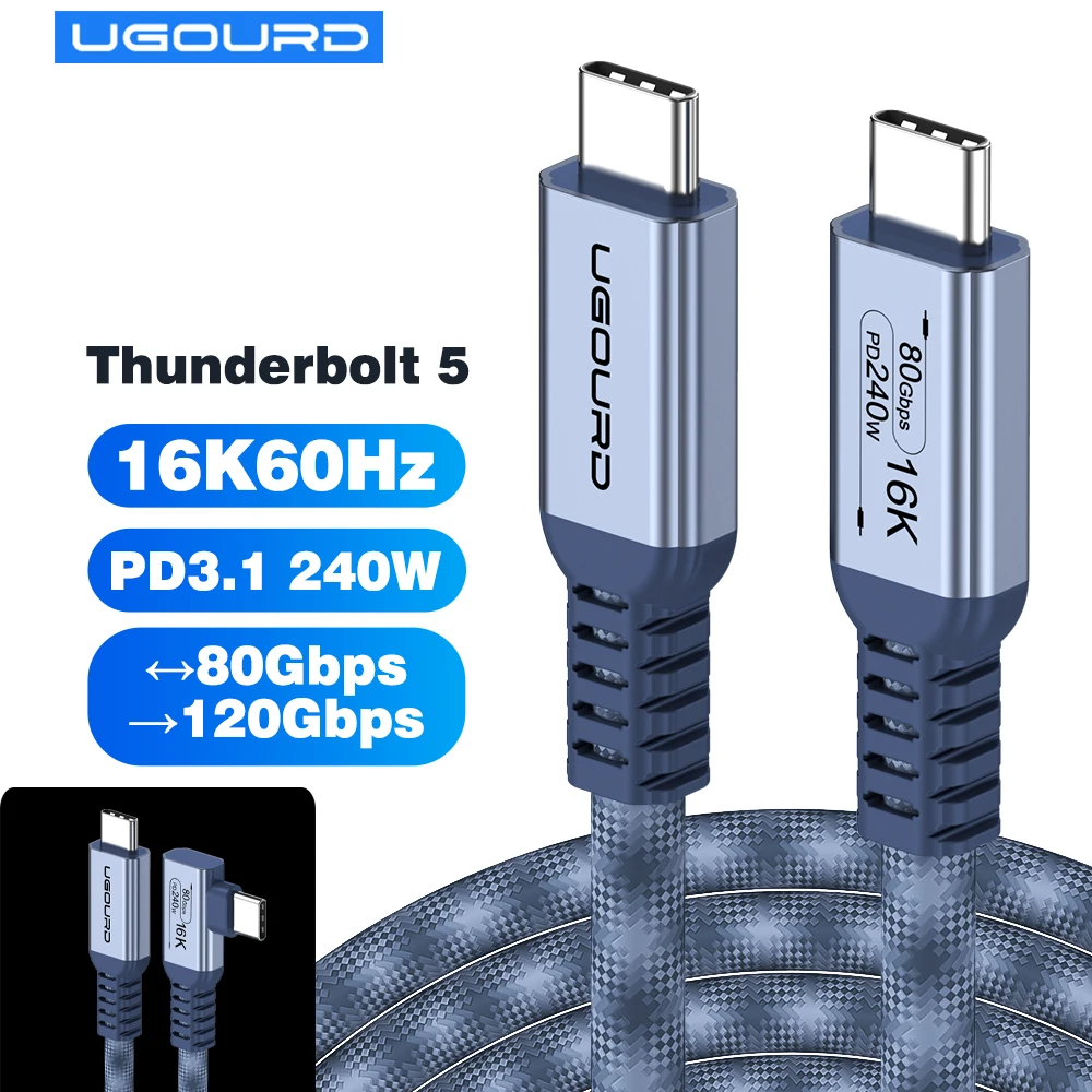 UGOURD Thunderbolt 5 USB4 Gen4 Cable 90 Degree Right Angle Elbow 80Gbps 16K Braided USB‑C to C 240W Fast Charging Cable For EGPU