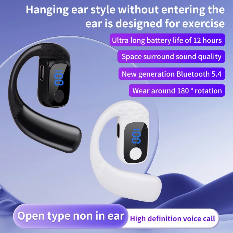 Open Wireless Headset Bluetooth 5.4 180° Rotation Adjustable Left Right Ear Universal Earphone Mic Sport Business Music Ear-Hook