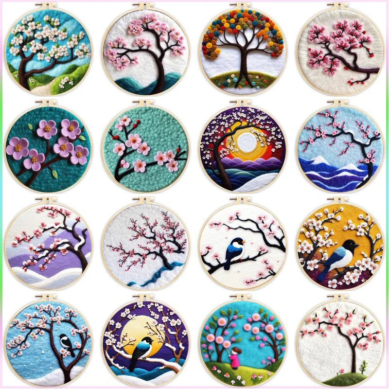 CHENISTORY Needle Felting Painting Flower Tree With Frame Kit For Beginner Handmade Wool Felt Home Decor For Adults DIY Craft
