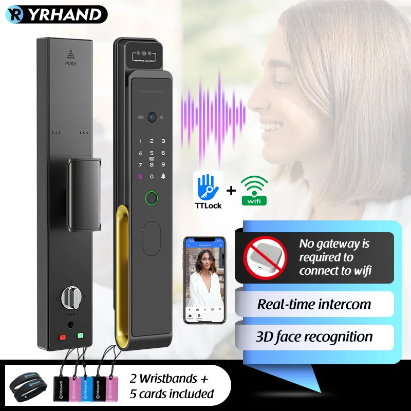 YRHAND Ttlock WiFi 3D Face Recognition Smart Fingerprint Door Lock With Camera Remote APP Real Time Intercom For Smart Home