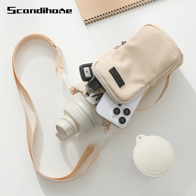 Portable Water Bottle Carrier Bag Travel Crossbody Kettle Sleeve With Phone Pocket Adjustable Shoulder Strap for Walking Gym