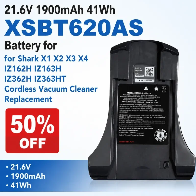 21.6V 1900mAh 41Wh XSBT620AS Battery for Shark X1 X2 X3 X4 IZ162H IZ163H IZ362H IZ363HT Cordless Vacuum Cleaner Replacement