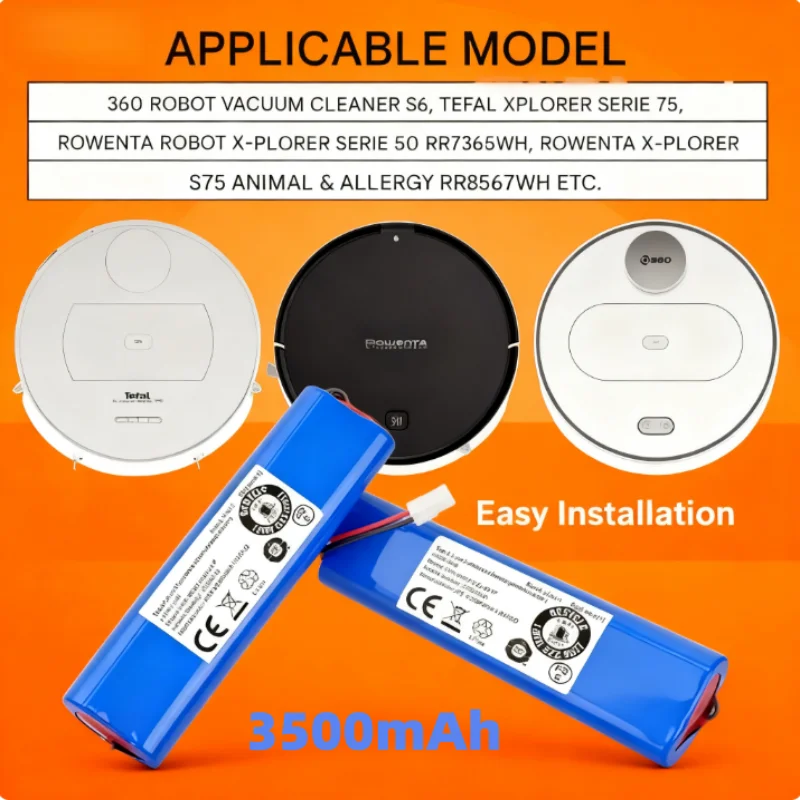 D004-ICR-26HE-4S1P 14.8V 2600mAh Li-ion Battery for Tefal X-plorer Serie 75 & 360 Robot Vacuum, Replacement Part SS-2230002528