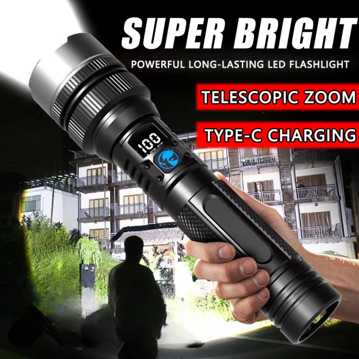 2026 Latest High Power LED Flashlight with Zoom and Digital Display Lantern USB Rechargeable Flashlight for Camping and Hiking