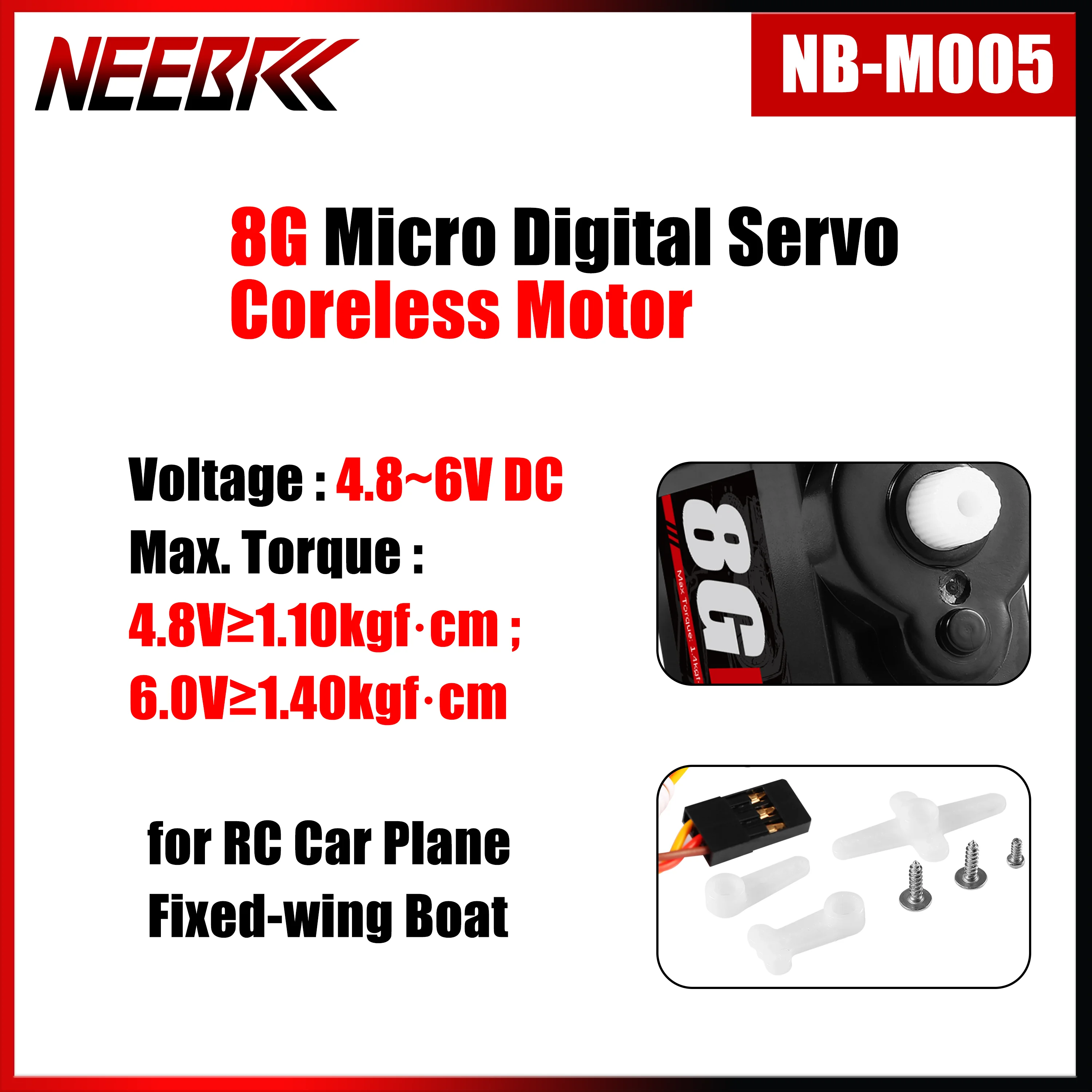 NEEBRC Coreless Motor 8G Micro Digital Standard Servo JR Plug 4.8~6.0V for RC Car Truck Airplane Fixed-Wing Boat Toy Accessories