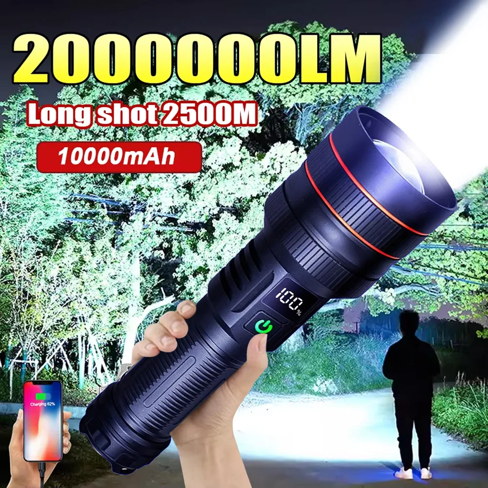 Most Powerful 20000000LM LED Flashlight Rechargeable Type-C Long Range 2000M Tactical Torch Light for Fishing And Hunting