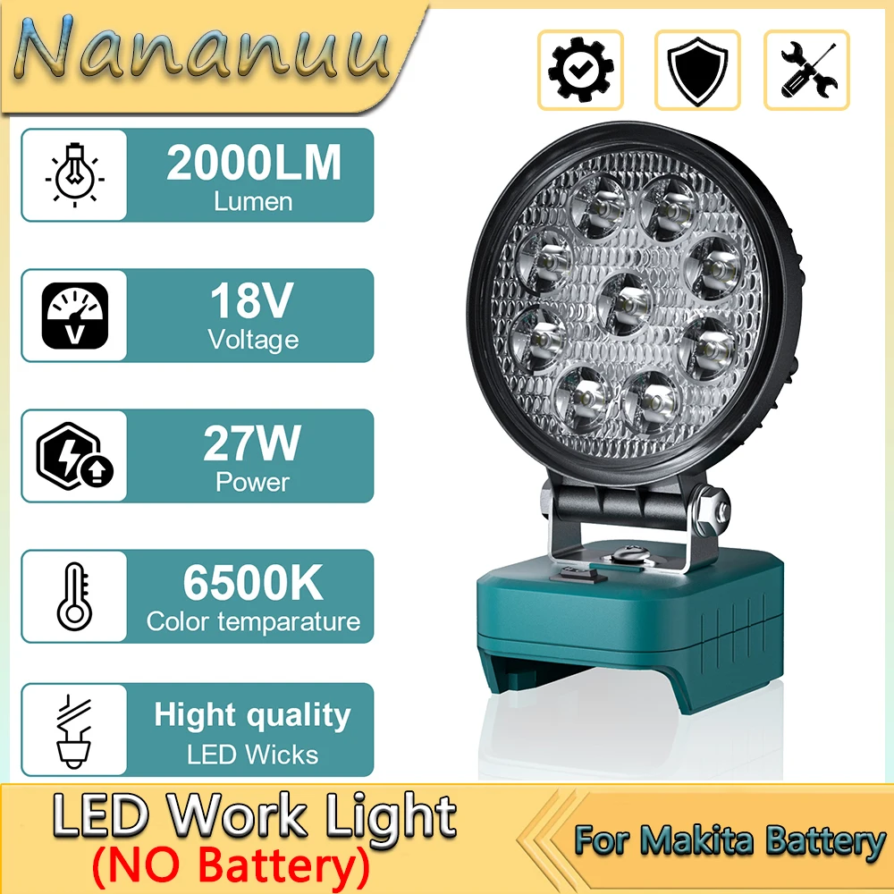 Nananuu 27W LED Work Light Flashlight Portable Emergency Flood Lamp Camping Lamp For Makita BL1830 BL1815 18V Li-ion Battery
