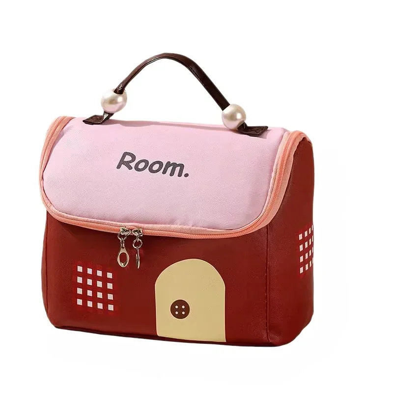 House-shaped Portable Travel Cosmetic Bag, Large Capacity Stylish Design With Cute Cartoon Pattern, Niche Makeup Organizer