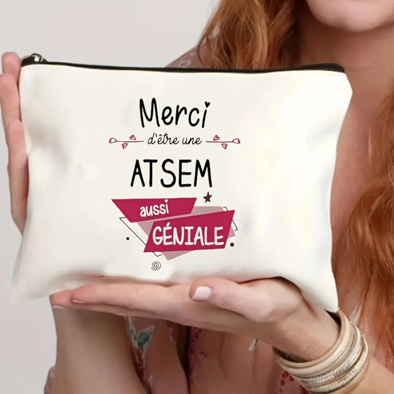 Women White Cosmetic Travel Bag with Zipper Closure - Foldable Lightweight Makeup Organizer Pouch Cute Merci French Phra Design