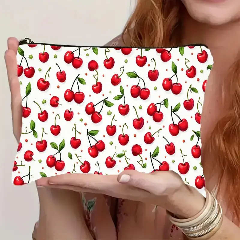 Cherries Print Cosmetic Bag Makeup Pouch Lightweight Foldable Travel Organizer with Sweet Red Cherries Pattern Travel Bags
