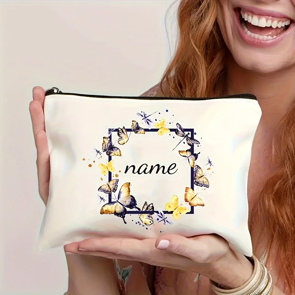 Customizable Butterfly Frame Printed Makeup Bag Travel Cosmetic Pouch Gift Bag Fashionable Style Foldable Zippered Pocket