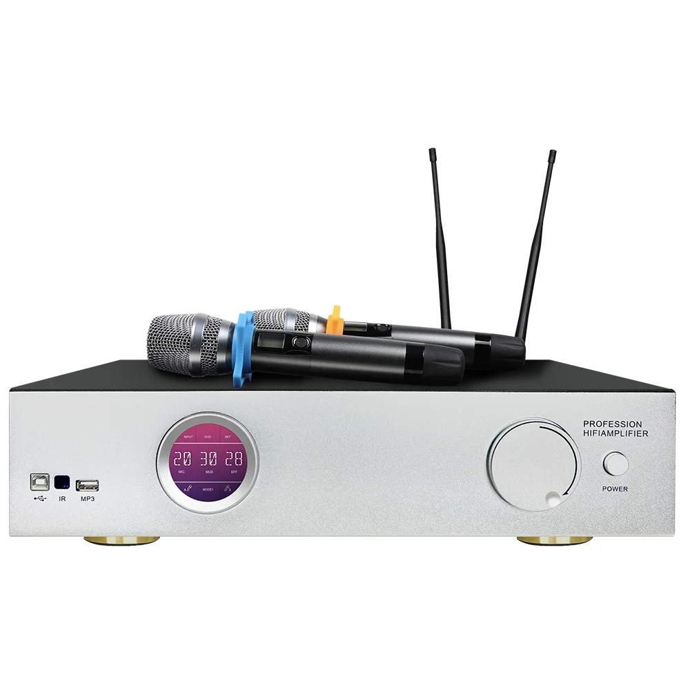450W 2CH Three-in-One Power Amplifier With Sound Processor Wireless Microphone Home Church Party Audio Amp