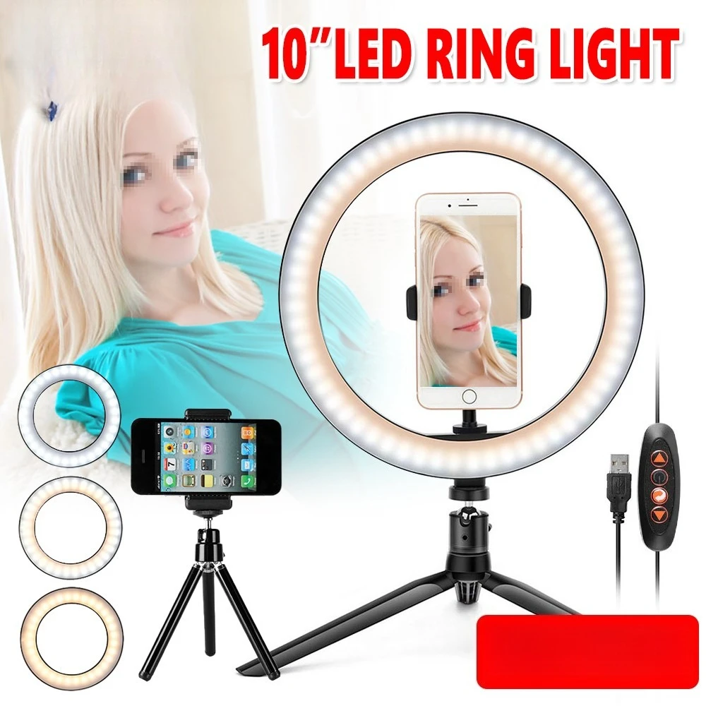 10 Inch LED Ring Light Dimmable 3 Modes USB Powered Makeup Selfie Lamp with Phone Stand for Live Stream Vlog Photography Studio