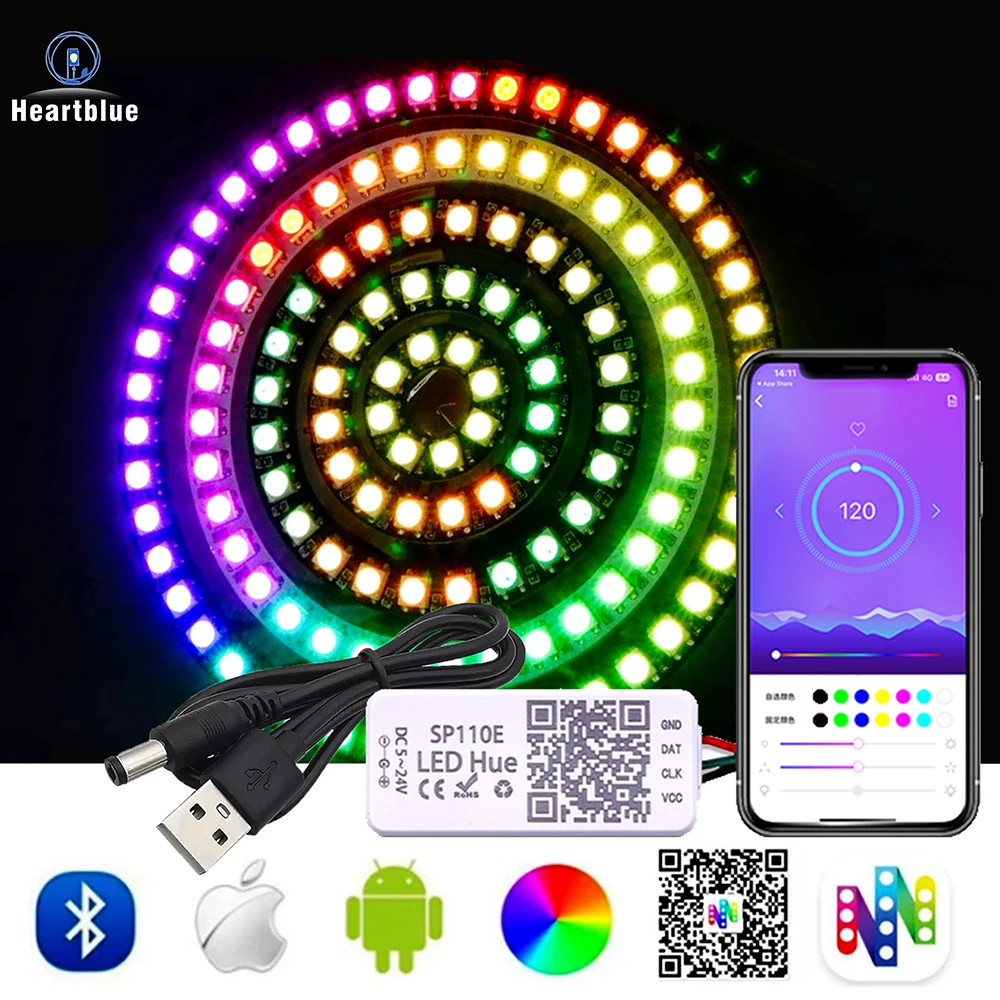 DC5V USB RGB LED Ring WS2812 Individually Addressable LED Strip with the SP110E Bluetooth APP Controller 8/16/24/35/45/128LEDs/m