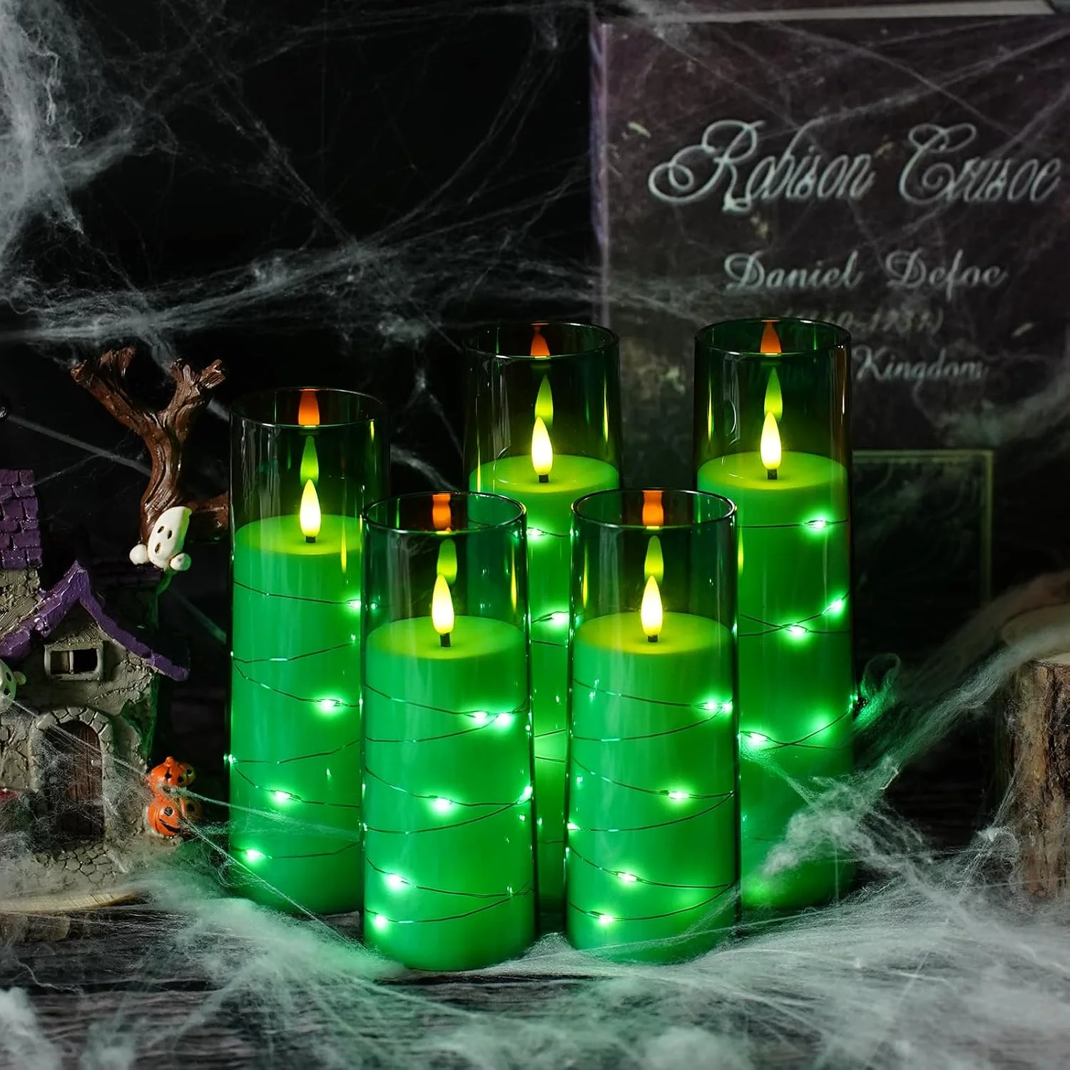 5Pcs Green Flameless LED Candles With Timer Flickering Acrylic Shell Embedded Star String Spooky Halloween Home Bath Party Decor