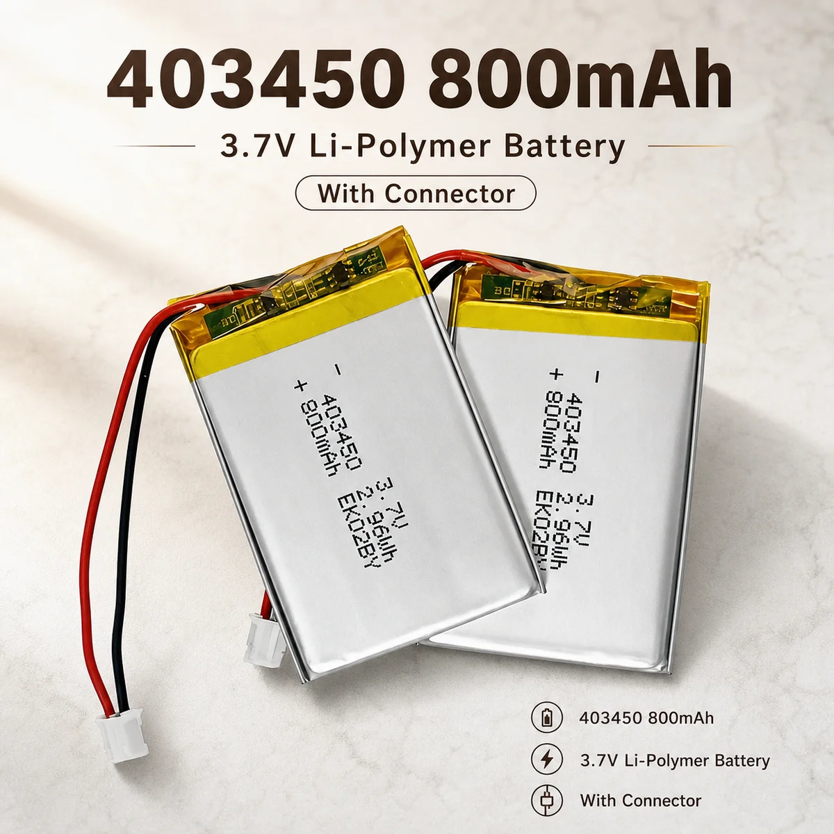 Premium Rechargeable LiPo Battery 403450 3.7V 800mAh Lithium Polymer Cell for Sensors, Smart Devices, POS Machine, Shoe Shiner