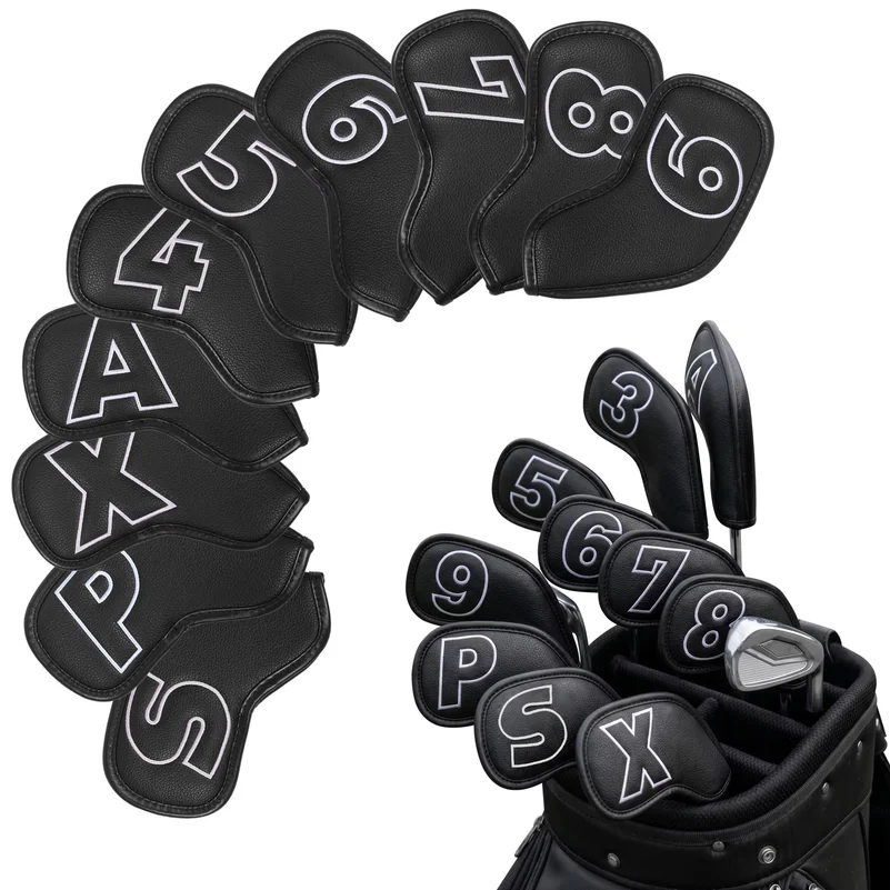Thickened PU Golf Club Head Cover Set, Magnetic Closure, with Numbers, Scratch Resistant10-Piece Set for Irons Golf Accessories