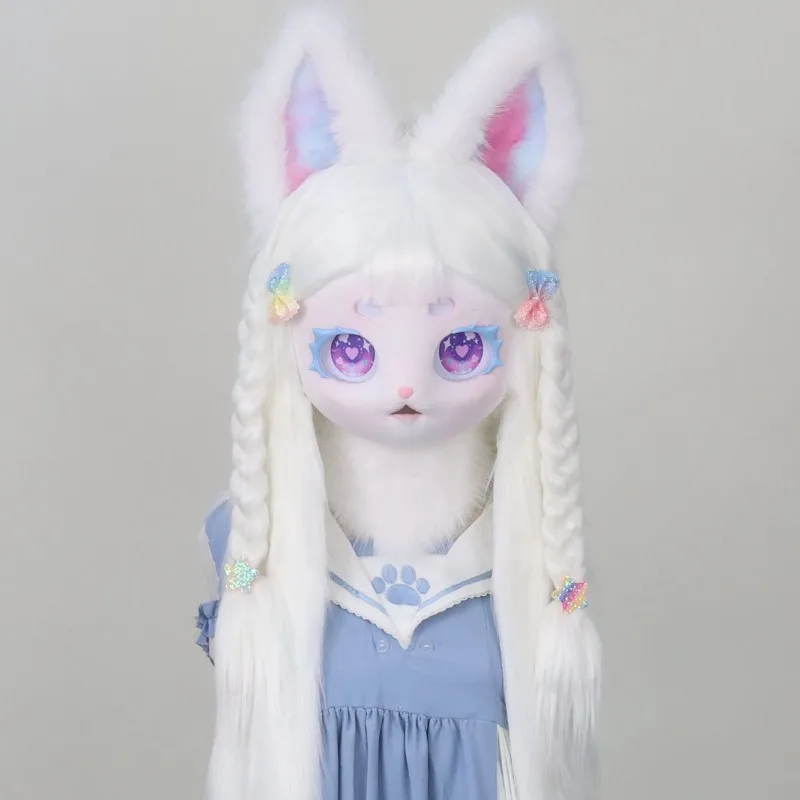 Fursuit Head Fox Headwear Animals Cosplay Costume Fuzzy Headgear Lolita Cos Rabbit for Women Theme Party