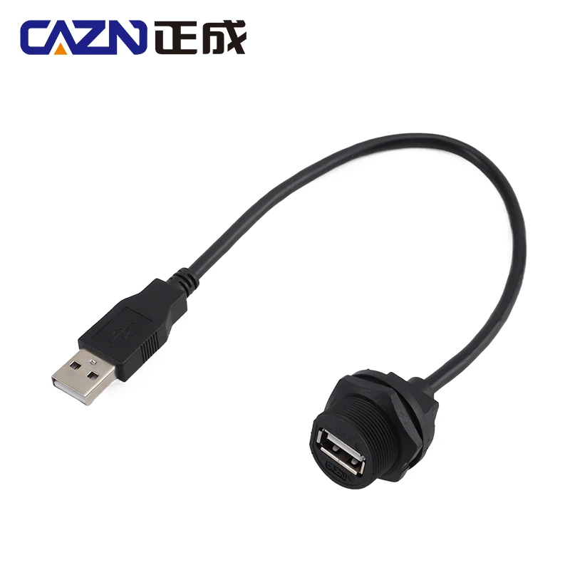 CAZN Waterproof IP67 IP68 USB 2.0 Female Receptacle to Male Overmoldedd with Cable Threaded