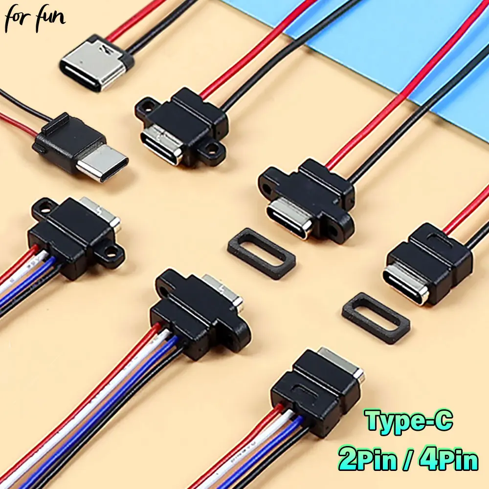 For Fun 2/5PCS Type-C 2Pin 4Pin Waterproof Female Socket with Cable Charging Data Transmission USB Connector Type C 2P Male Port