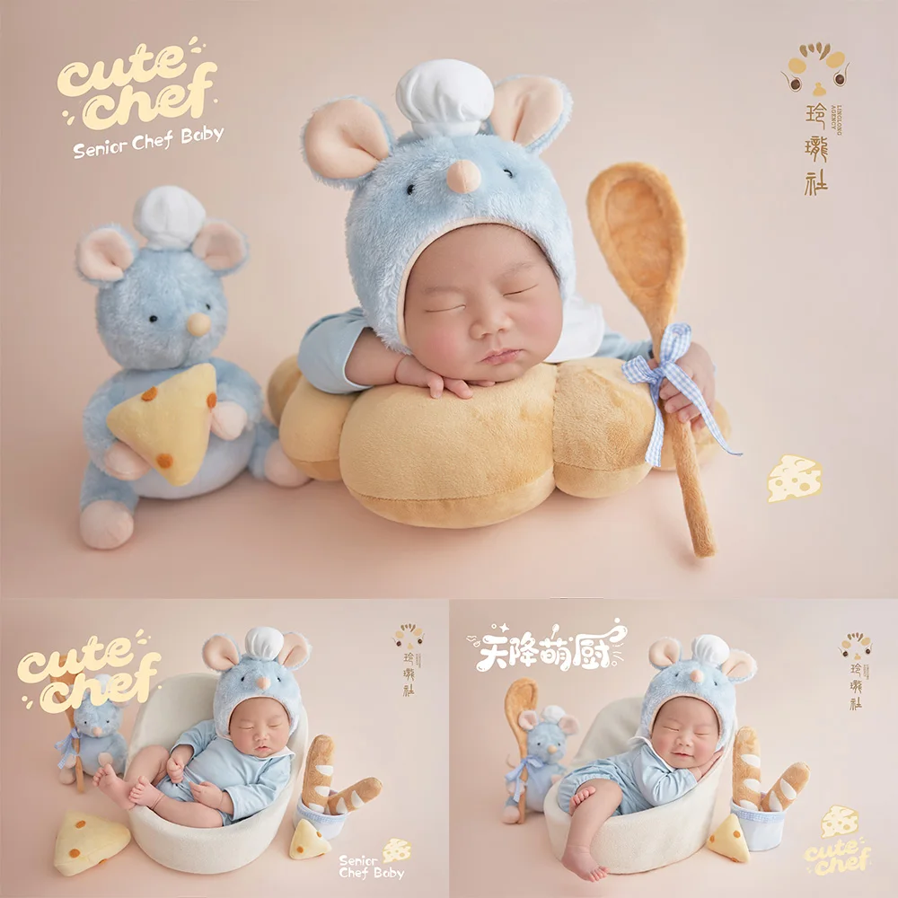 Infant Photo Shoot Props Cute Chef Mouse Hat with Ears Plush Food Toys Chef Mouse Doll Newborn Studio Professional Accessories