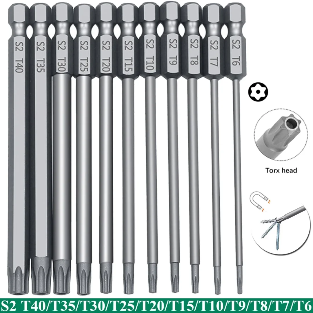 11PCS  Torx Security Bit Set S2 Steel Magnetic Security Screwdriver Set 50/100mm Star Screwdriver Set for Shark Vacuum T6-T40