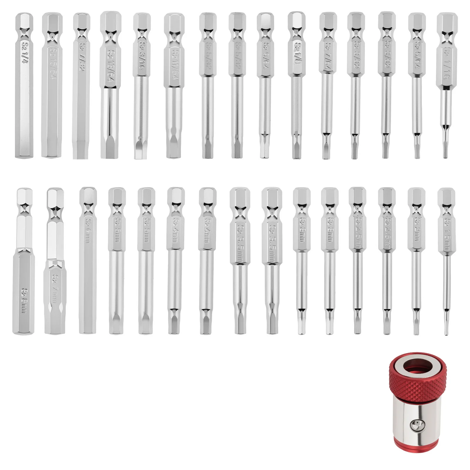 30pcs Magnetic Screwdriver Bit 1/4 inch Hex Shank Metric SAE S2 Steel Hex Head Allen Wrench Drill Bit Set Screw Driver Hand Tool