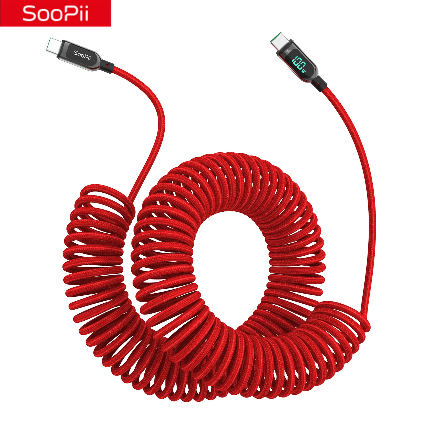 SooPii Coiled 100W USB C to USB C Cable Fast Charging 2M Nylon Braided Type-C Cable with LED Display for lPad/lphone/MacBook